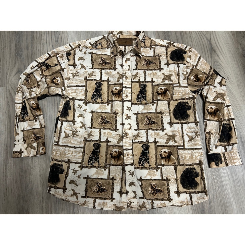 North River Mens Labrador Retriever Duck Print Cotton Shirt XL Tan Brown Hunting